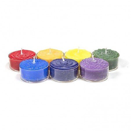 Coffret 7 bougies chauffe-plat parfumées, certifiées commerce équitable. 1 couleur et 1 senteur pour chaque chakra.