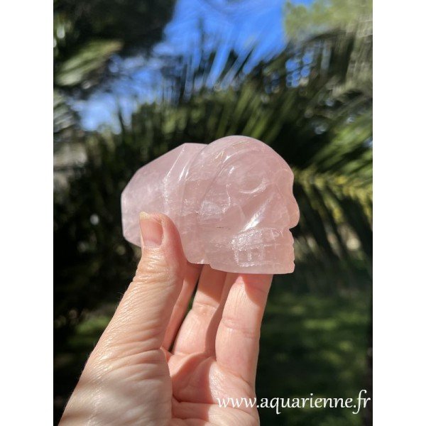 Crâne de cristal avec pointe en quartz rose de 12 cm et 440g. Pièce unique que vous pouvez acheter dès maintenant.