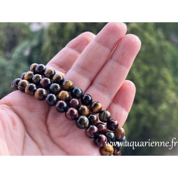 Perles de 8mm en Œil de Tigre, Œil de Taureau, Œil de Faucon, pour ce bracelet de protection énergétique aux reflets chatoyants.