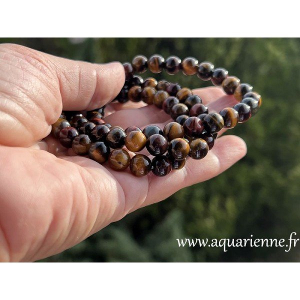Bracelet élastiqué 3 pierres de protection : Œil de Tigre, Œil de Taureau et Œil de Faucon. Tour de poignet : 18/20 cm.