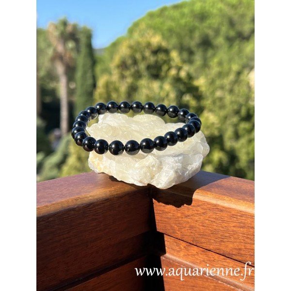 Bracelet unisexe en perles de Tourmaline noire de 8mm. Confort élastiqué pour poignets 18-20 cm. Élégance, Ancrage, Protection.
