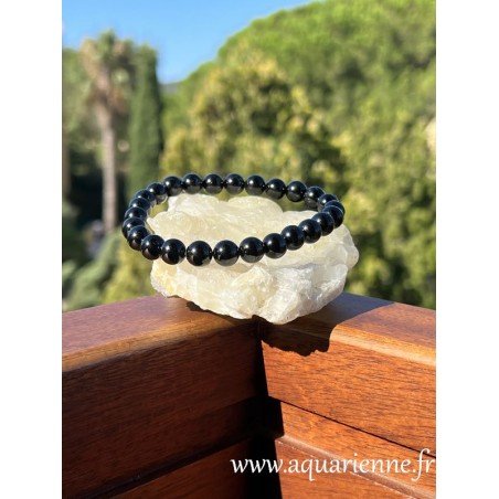 Bracelet unisexe en perles de Tourmaline noire de 8mm. Confort élastiqué pour poignets 18-20 cm. Élégance, Ancrage, Protection.