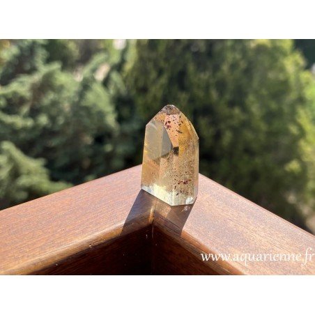 Citrine de Madagascar non chauffée, avec inclusions d'Hématite. Prisme de 4,6 cm de haut pesant 38 g. Pièce unique.