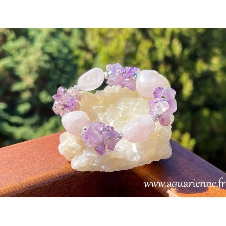 Bracelet Quartz rose et Améthyste, pierres roulées et chips, un duo de pierres apaisantes et réconfortantes. Artisanat Inde.