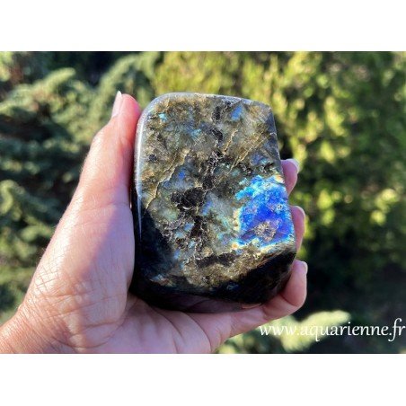 Photo du verso de cette forme libre de Labradorite de 608g, à poser. Décoration, protection, magie intérieure.