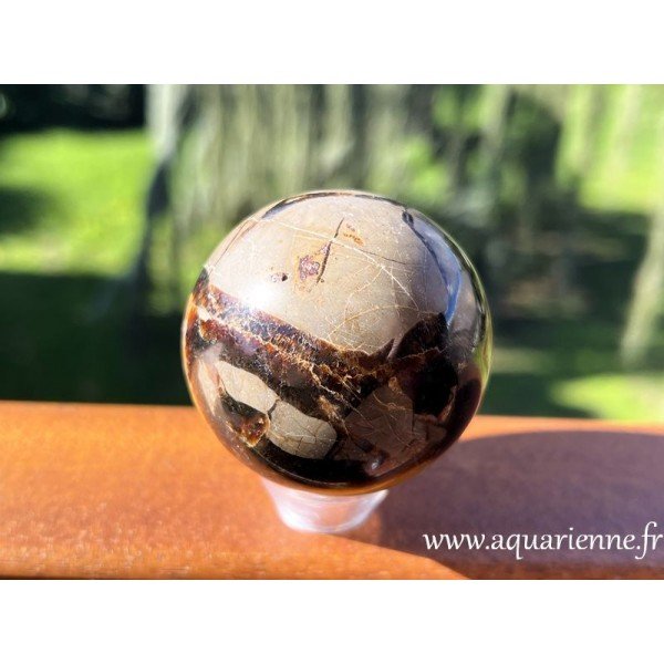 Sphère polie de Septaria de Madagascar aussi nommée pierre du dragon en raison de son aspect écailleux. Pièce unique.