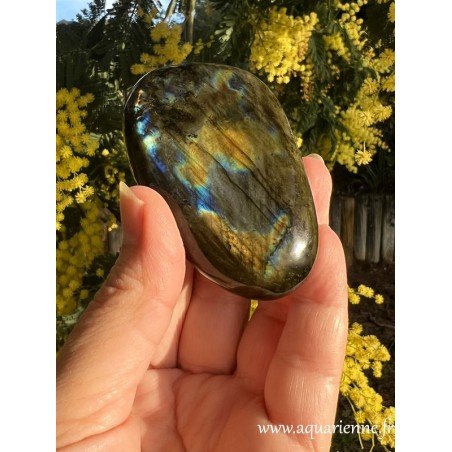 Labradorite multi-feux, galet de 7,5 cm, poli main avec de jolis reflets. Pierre de protection psychique, à acheter en ligne.