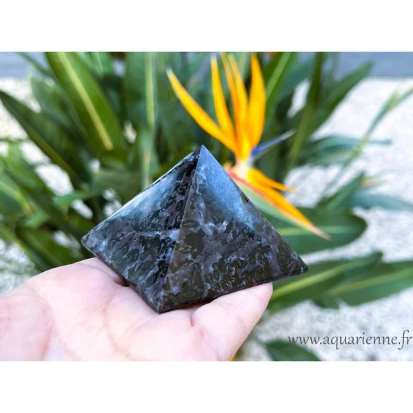 Explorez les mystères des dimensions spirituelles avec notre collection de pyramides en Gabbro Indigo.