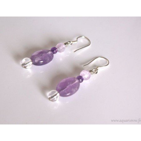 Boucles d'Oreilles en Améthyste et Cristal de Roche "LilaLuz"