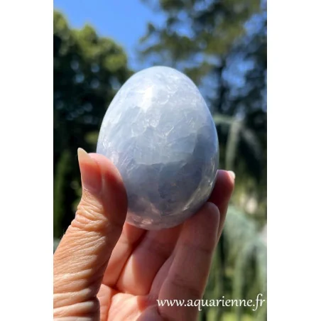 Pierre de Calcite bleue taillée et polie en forme d’œuf de 7,5 cm de haut. Apaisante, elle soutient aussi votre communication.