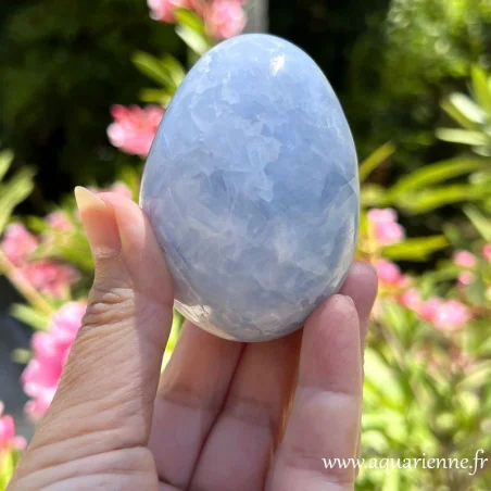 Oeuf de calcite bleue de Madagascar. Sérénité, sommeil réparateur, communication claire. Pièce unique à offrir ou à s'offrir.