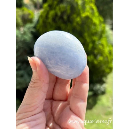Plongez dans un cocon de douceur et de sérénité avec ce galet de calcite bleue de 6 cm de long, pesant 147g.