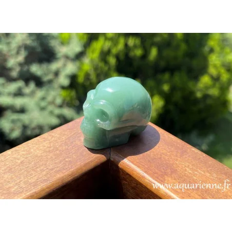 Crâne de cristal en aventurine verte, pierre d'optimisme et de prospérité. Pièce unique disponible dès maintenant.