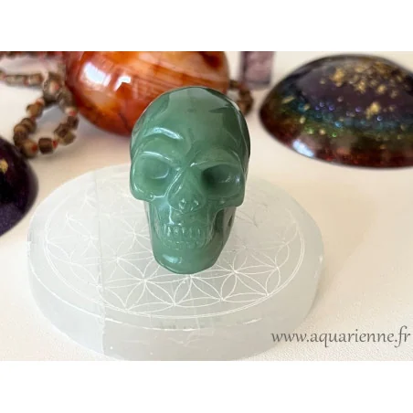 Ce crâne unique en aventurine est prêt à trouver sa place chez vous, apportant avec lui des énergies bienfaisantes.