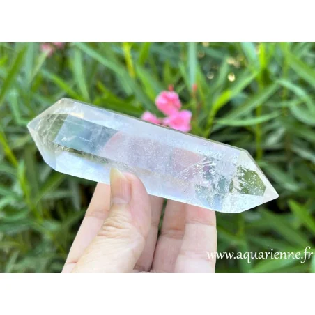 Quartz fantôme biterminé, pierre naturelle repolie. Dissout les blocages énergétiques, facilite télépathie et soins à distance.