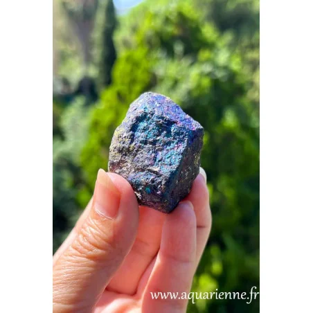 Admirez les irisations arc-en-ciel de cette chalcopyrite du Mexique de 116g, découvrez ses bienfaits en lithothérapie.