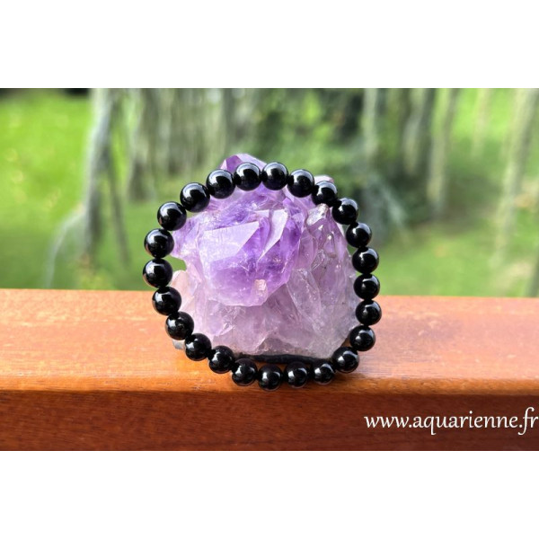 Bracelet en Tourmaline noire, boules 8mm, pour un tour de poignet de 16 à 18 cm (élastiqué). Ancrage, protection, purification.