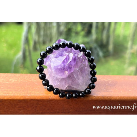 Bracelet en Tourmaline noire, boules 8mm, pour un tour de poignet de 16 à 18 cm (élastiqué). Ancrage, protection, purification.