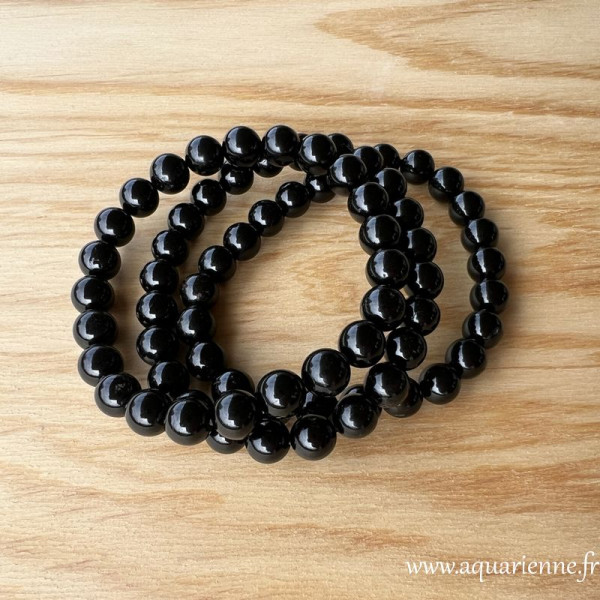 Bracelet en perles de Tourmaline noire de 8mm. Confort élastiqué pour poignets 16-18 cm. Élégance, Ancrage, Protection.
