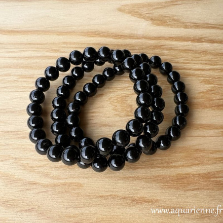 Bracelet en perles de Tourmaline noire de 8mm. Confort élastiqué pour poignets 16-18 cm. Élégance, Ancrage, Protection.