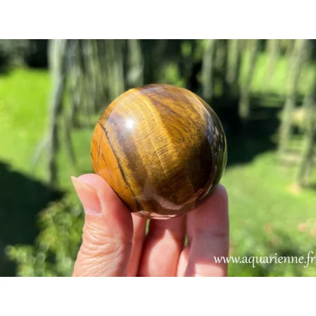Oeil de tigre qualité extra, sphère polie de 5,5 cm de diamètre. Renforce la volonté, la confiance, le pouvoir personnel.