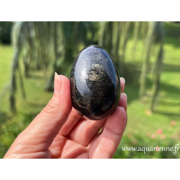 Oeuf en coppernite, souvent appelée nuumite indienne. Protection, ancrage, renforcement de l'aura et de l'énergie vitale.