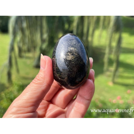 Oeuf en coppernite, souvent appelée nuumite indienne. Protection, ancrage, renforcement de l'aura et de l'énergie vitale.