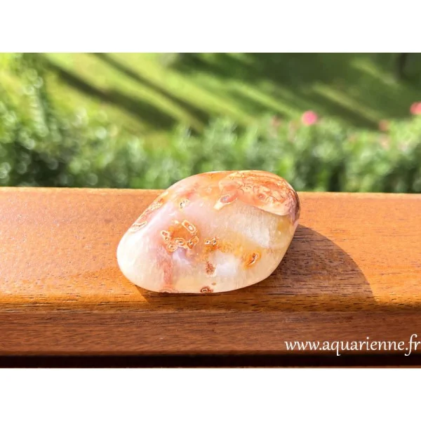 Agate fleur de Madagascar, galet poli main : 70g et 6cm. Pierre apaisante, favorise équilibre émotionnel et renouveau.