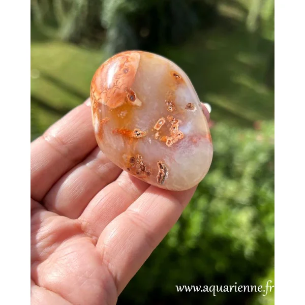 Pièce unique aux motifs naturels, ce galet d'agate fleur invite à l'harmonie et à la sérénité.