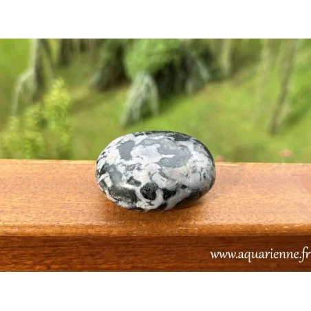 Gabbro indigo de Madagascar, galet poli : 58mm-129g. Enracinement et intuition pour une spiritualité ancrée. Pièce unique.