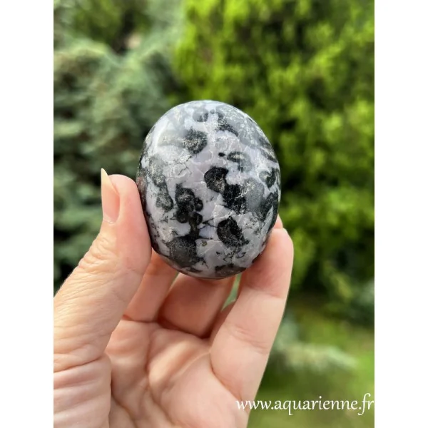 Ce galet de gabbro indigo pèse 129g et mesure 5,8 cm de long. Pour garder les pieds sur terre et la tête dans les étoiles.