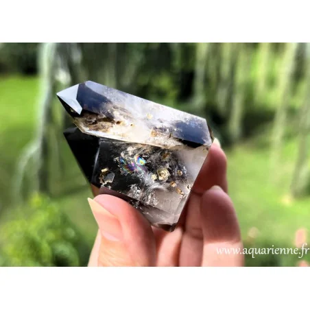 Admirez l'arc-en-ciel dans ce quartz jumeau à fantômes morion de Madagascar. Une pièce unique à s'offrir !