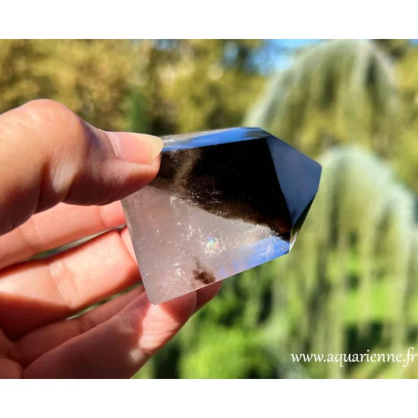 L'arc-en-ciel présent dans ce quartz morion ajoute une dimension supplémentaire à ses propriétés en lithothérapie.