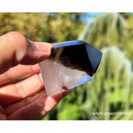 L'arc-en-ciel présent dans ce quartz morion ajoute une dimension supplémentaire à ses propriétés en lithothérapie.