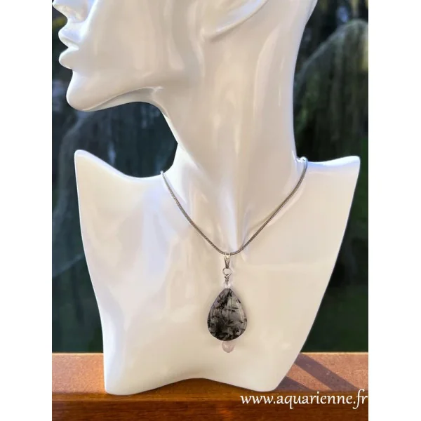 Goutte de quartz tourmaline et bélière en plaqué argent 10 microns, pendentif "Éclat Gardien", pièce unique.
