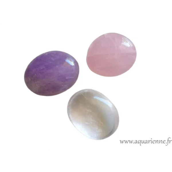 Kit 3 galets du Triangle d'Or – Harmonie, énergie. Améthyste, quartz rose, cristal de roche. Idée cadeau à offrir ou à s'offrir.