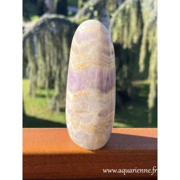 Élégante et majestueuse forme libre en Améthyste chevron, haute de 14 cm et pesant 563 g. Pièce unique à offrir ou à s'offrir.