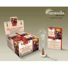 Cônes encens Marie qui défait les noeuds. Boîte 10 cônes, encens naturel rose Vedic Aromatika. Avec coupelle et prière.