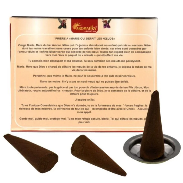 Encens Vedic Aromatika Marie qui défait les noeuds. Prière au dos de la boîte de 10 cônes, encens naturel rose.