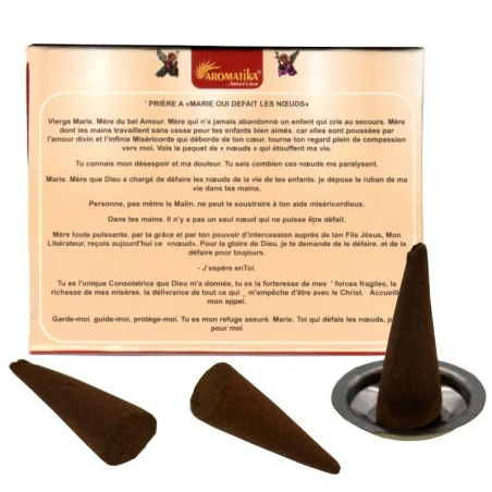 Encens Vedic Aromatika Marie qui défait les noeuds. Prière au dos de la boîte de 10 cônes, encens naturel rose.