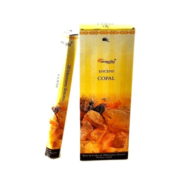 Copal, encens naturel pour la purification des lieux, objets, et minéraux. Boîte de 20 bâtonnets encens copal Aromatika.