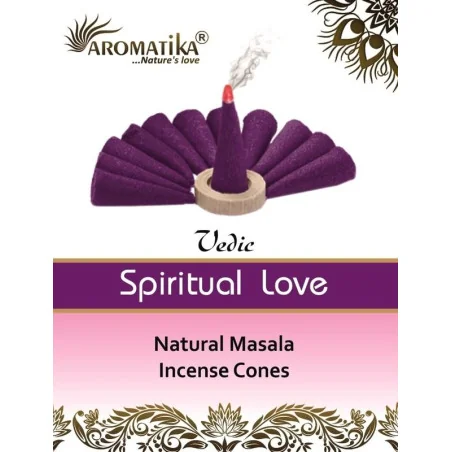 Cônes d'encens Spiritual Love Vedic Aromatika. Amour spirituel, boîte de 10 cônes avec coupelle brûle-encens.