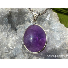 Pendentif ovale en Améthyste naturelle et argent 925, cabochon bombé avec serti fin, bélière ciselée, 32 mm