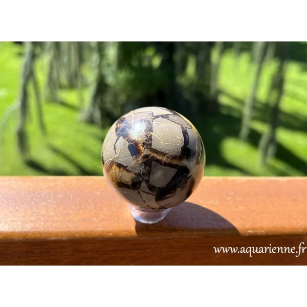 Détail des motifs naturels de cette sphère de Septaria de Madagascar : 50mm - 184g. Pièce unique.