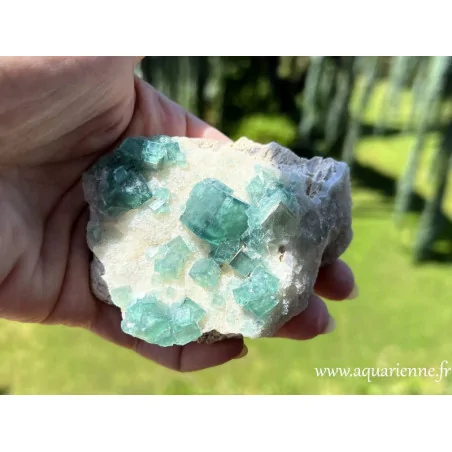 Cristaux cubiques de fluorite verte brute de Madagascar, sur gangue blanche. Pièce unique, idée cadeau à offrir ou à s'offrir.