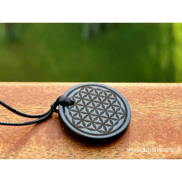 Zoom sur gravure Fleur de Vie sur pendentif en pierre de Shungite