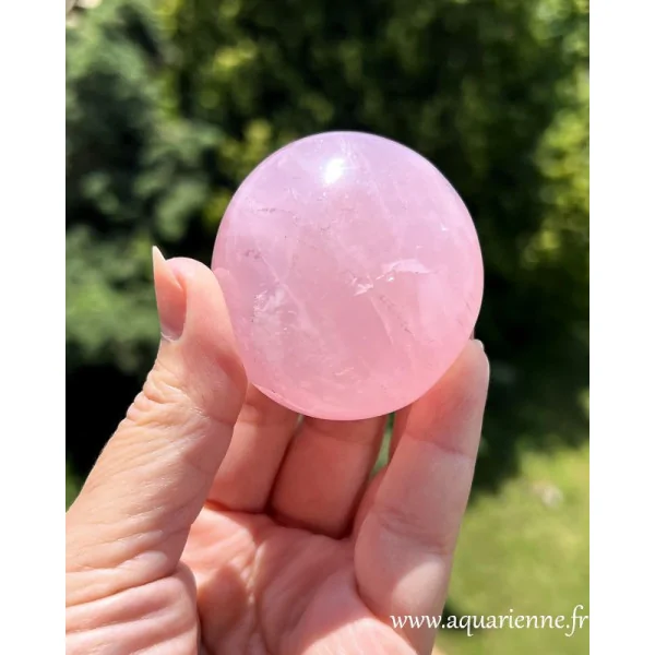 Galet de Quartz rose de Madagascar tenu dans la main – Taille 5,7 cm. Pièce unique à offrir ou à s'offrir.