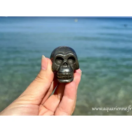 Mise en scène du crâne en Pyrite face à la mer.